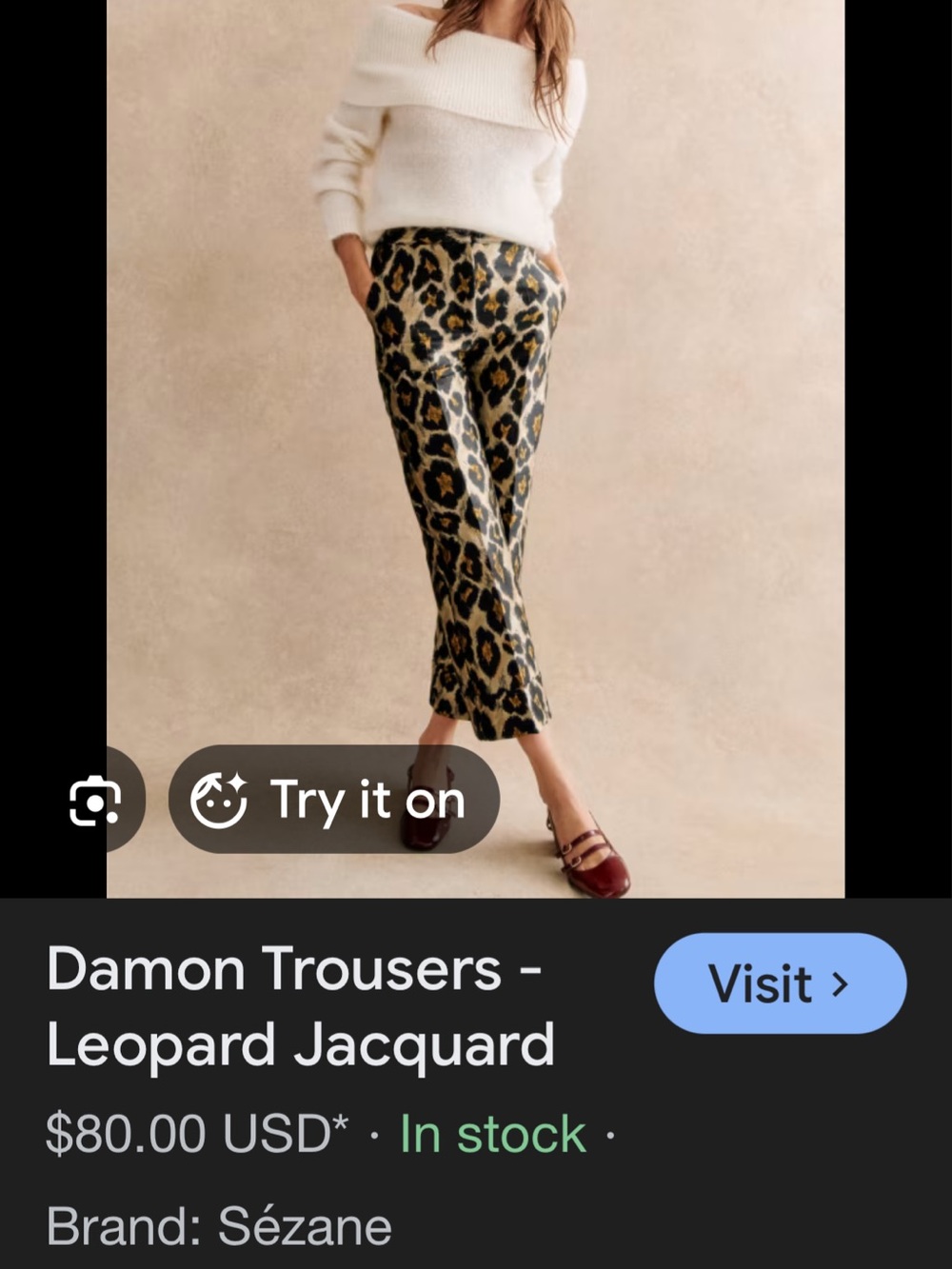 Sézane Leopard Jacquard Trousers in Black, Brown, Cream